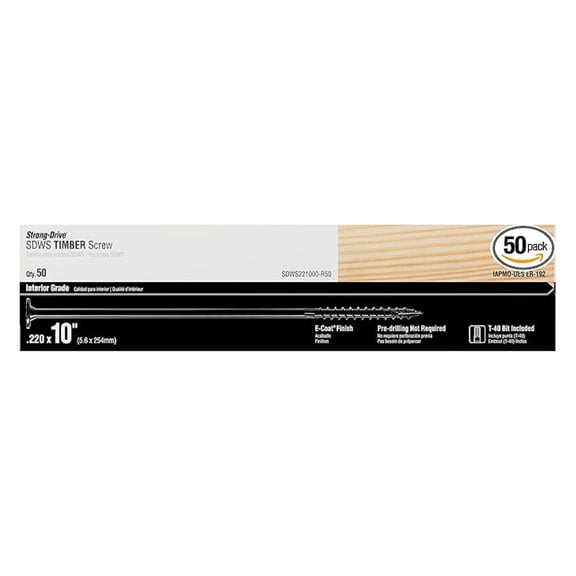 SDWS221000-R50 Strong-Drive SDWS Timber Screws (Interior Grade) 0.220 Inch x 10 Inch, E-Coating, Low Profile Head, Sawtooth Point, Black (Pack of 50)