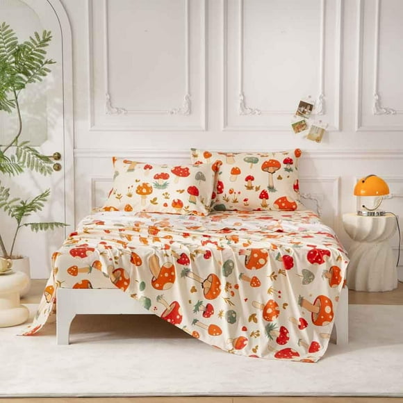 SDY 4PCS Mushroom Bed Sheets Set Queen Size,Super Cozy Soft Microfiber Bedding Sheet for Boys, Girls, Kids and Toddler, Bed in a Bag with 1 Fitted Sheet+ 1 Top Flat Sheet + 2 Pillowcases C84