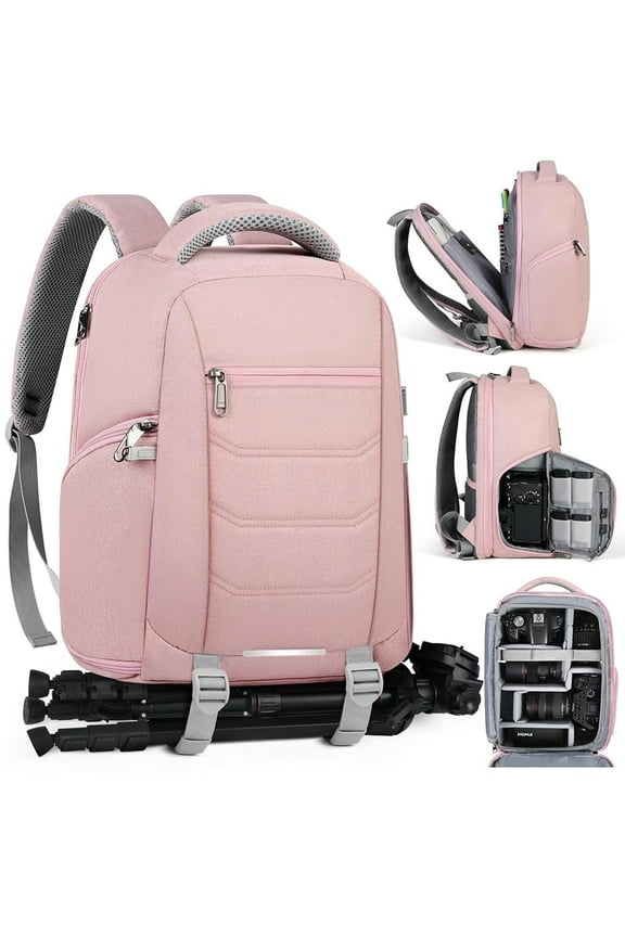 Camera Bag Backpack Professional for DSLR SLR Mirrorless Camera Waterproof Laptop Back Pack 14 Inch with Rain Cover Anti Theft Travel Case Large Capacity Photography Backpack Pink