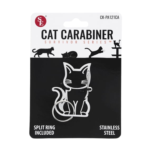 SE 1.75 Inch x 1.25 Inch Large Cat Kitten Shaped Heavy Stainless Steel Carabiner with Key Ring – Durable & Decorative Clip for Keys, Bags & Accessories – CK-PA121CA