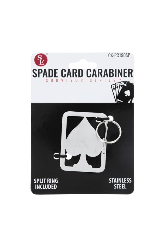 2 Inch x 1.35 Inch Large Spade Card Shaped Heavy Stainless Steel Carabiner with Key Ring Durable & Decorative Clip for Keys, Bags & Accessories CK-PC190SP