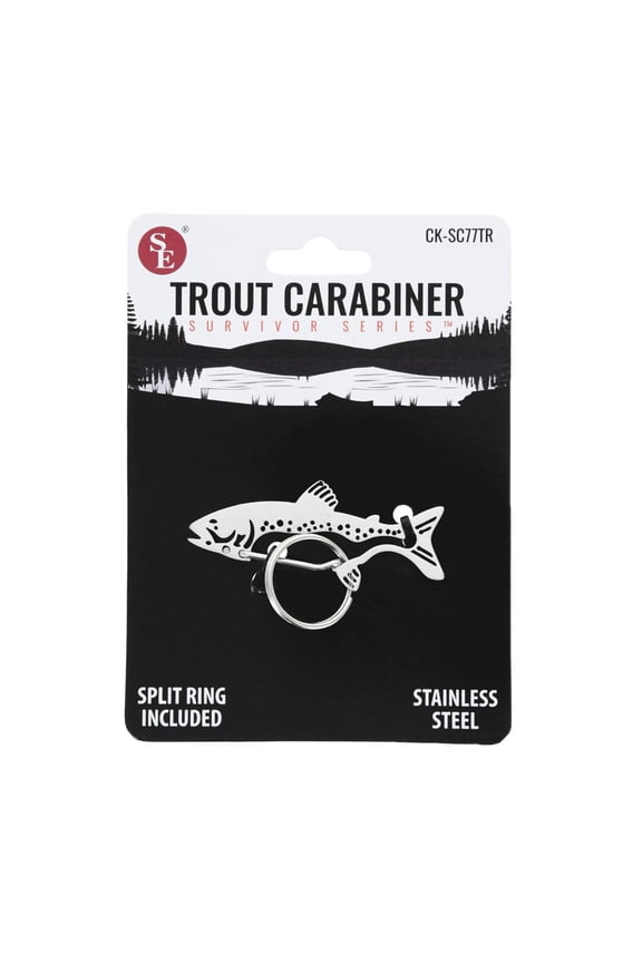 .75 Inch x 2.25 Inch Large Trout Shaped Heavy Stainless Steel Carabiner with Key Ring Durable & Decorative Clip for Keys, Bags & Accessories CK-SC77TR