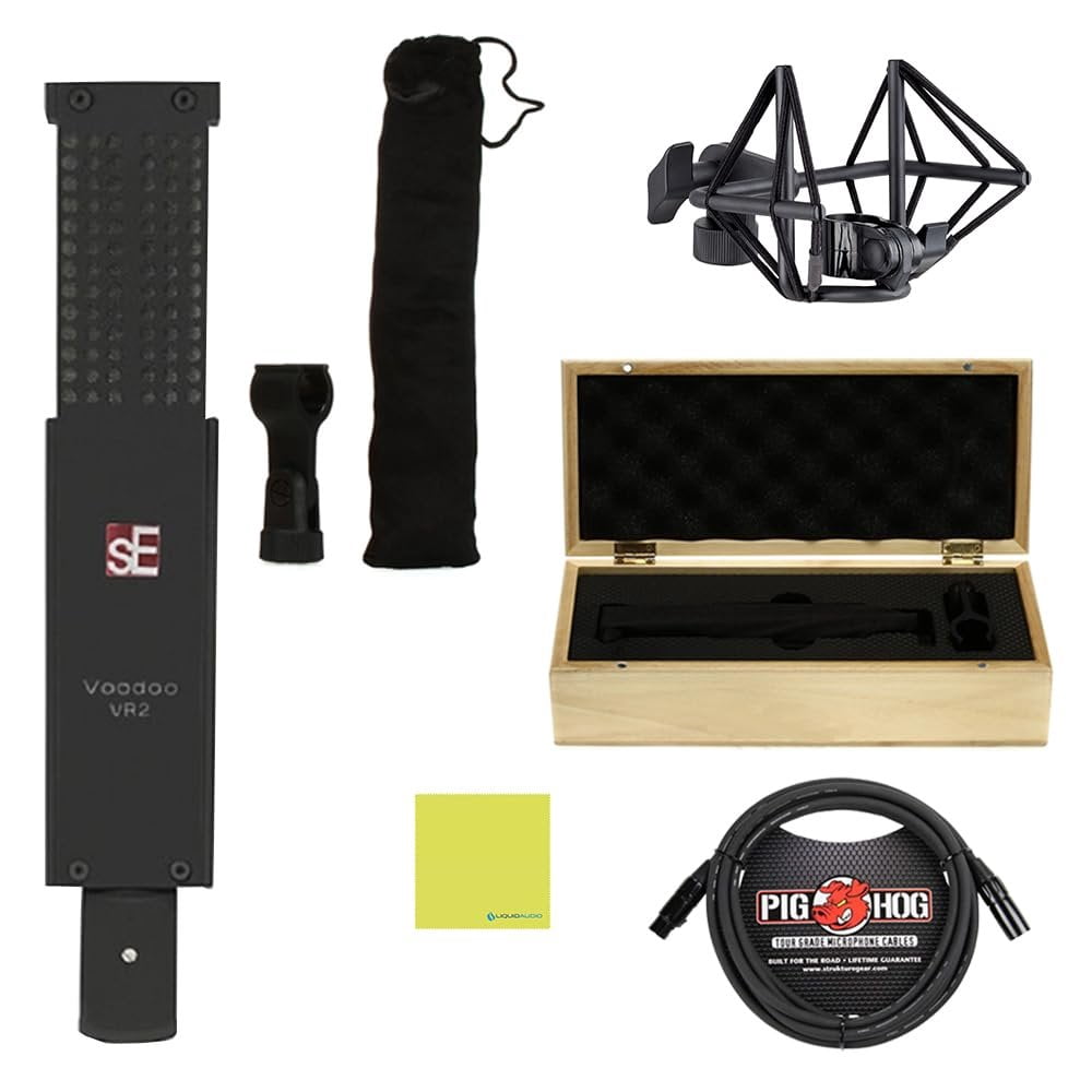 SE Electronics VR2 Voodoo Active Ribbon Microphone Bundle with 10ft Pig Hog XLR Mic Cable & Polishing Cloth  Includes Shockmount & Case, Ultra-High-Frequency Response, Smooth & Detailed Ribbon Tone