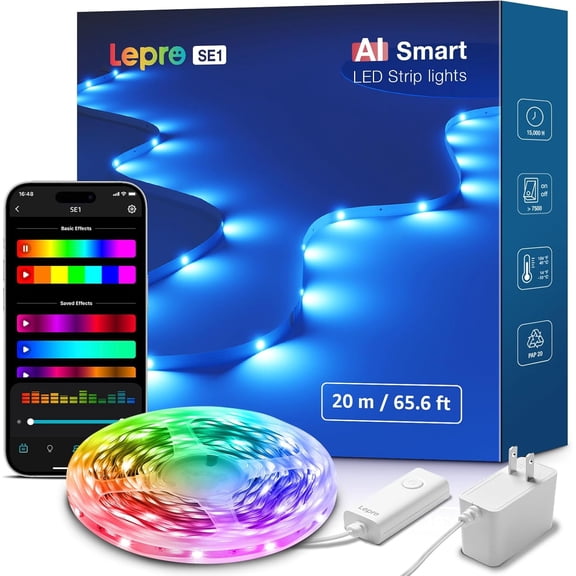 SE1 AI Smart LED Strip Lights - 65.6ft RGB Color Changing Light Strips with APP Control, AI Generated Lighting, Music Sync, 2.4GHz Wi-Fi & Bluetooth LED Lights for Home Decor (No Remote)
