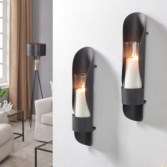 . SE2137 Iron and Glass Candle Wall Sconces - Wall Mount Hugging Metal Candle Holders with Glass Hurricanes - (Set of 2) - Black