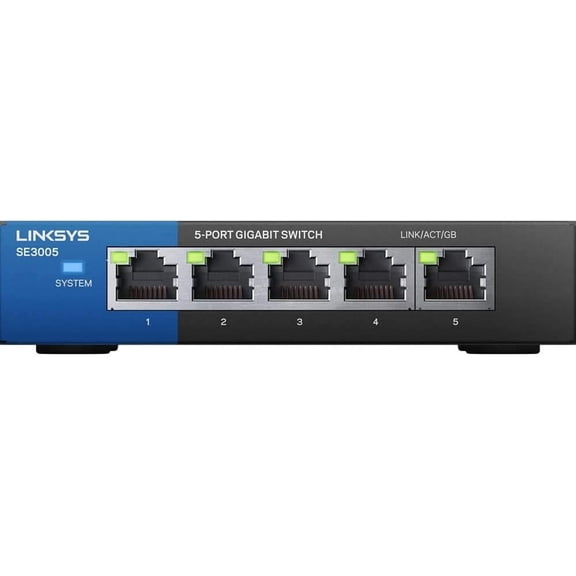 SE3005: 5-Port Gigabit Ethernet Unmanaged Switch, Computer Network, Auto-Sensing Ports Maximize Data Flow for up to 1,000 Mbps (Black, Blue)
