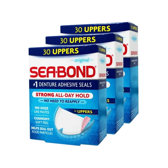 Sea-Bond Secure Denture Adhesive Seals, Original Uppers, Zinc-Free, All-Day-Hold, Mess-Free, 30 Count - 3 Pack