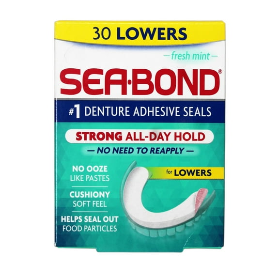 6 Pack - Sea Bond Secure Denture Adhesive Seals, Fresh Mint Lowers, All-Day-Hold, Mess-Free, 30 Count