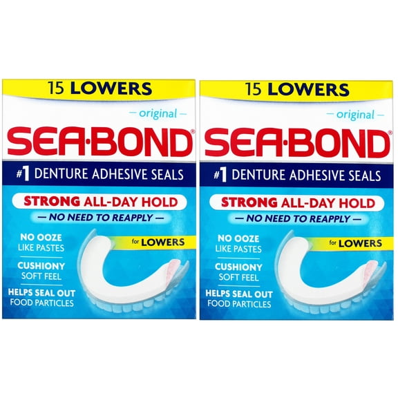 2 Pack - Sea-Bond Secure Denture Adhesive Seals, Original Lowers, Zinc-Free, All-Day-Hold, Mess-Free, 15 Count