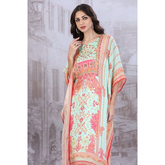 SEA GREEN KAFTAN IN HAND EMBROIDERED VISCOSE CHINNON