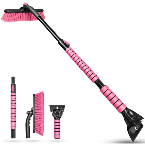 SEAAES 39" Extendable Ice Scraper and Snow Brush with Foam Grip for Car Truck SUV Vehicle Window Pink