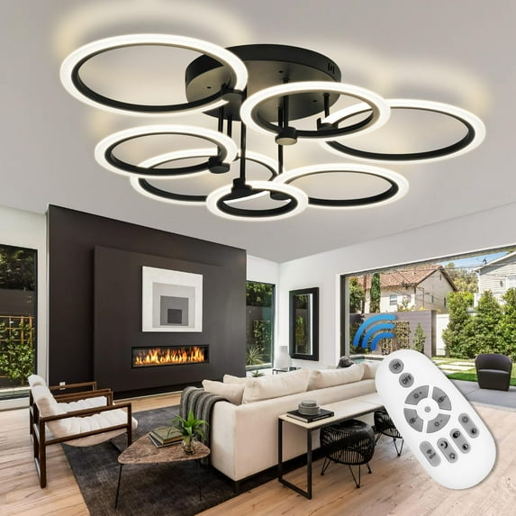SEABLE Modern LED Ceiling Light 31.8" Dimmable Black Flush Mount Ceiling Light with Remote 7 Rings 130W 3000K-6500K Ceiling Lamp for Living Room,Bedroom,Kitchen C95