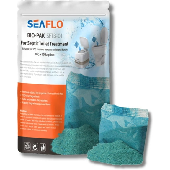 SEAFLO 100% Biodegradable Bio-pak RV Marine Natural Black Holding Tank Deodorizer For Septic Tank/RV/Toilet Treatment - 10 Pack