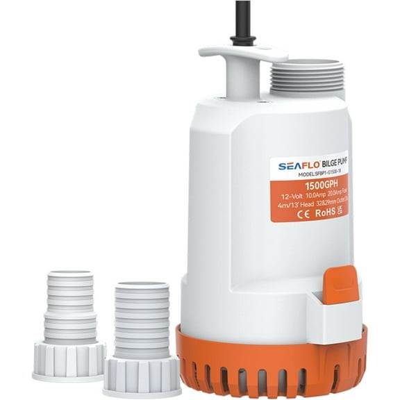 SEAFLO 24V 2000 GPH Portable Utility Pump Submersible Small Backup Sump Pump Draining Pump, 1-⅛” & 1-1/4” Outlet - CE & RoHS Certified, 4-Year Warranty!