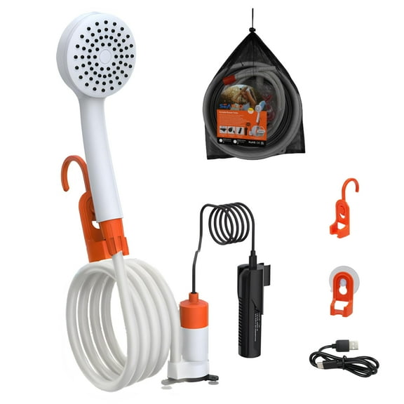 SEAFLO Portable Camping/Outdoor Shower, Rechargeable Battery, 2.64 Gallons Per Min, 40-Minute Runtime for Outdoor Camping Pet Washing, Type-C Charging, 80" Hose, Suction Cup Mount 4-Year Warranty