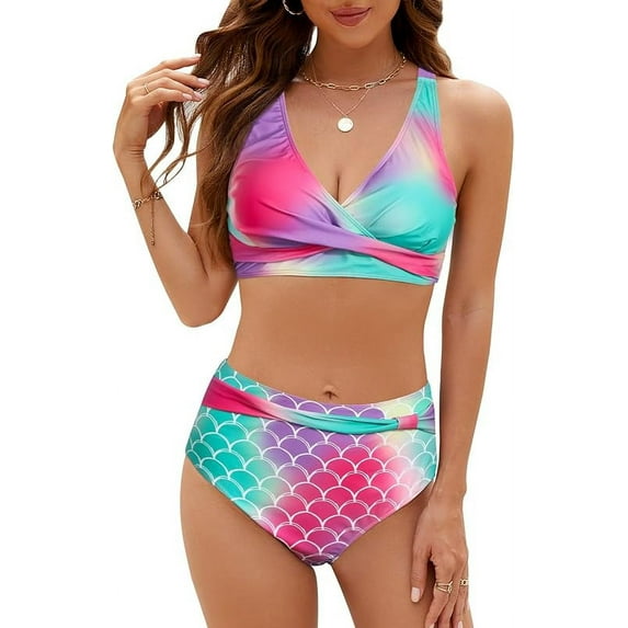 SEAFORM Womens Two Piece Swimsuits Wrap Front Bikini High Waisted Bottom Tummy Control Bathing Suits Vintage Print Swimwear