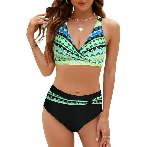 SEAFORM Womens Two Piece Swimsuits Wrap Front Bikini High Waisted Bottom Tummy Control Bathing Suits Vintage Print Swimwear