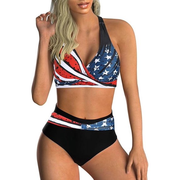 SEAFORM Womens Two Piece Swimsuits Wrap Front Bikini High Waisted Bottom Tummy Control Bathing Suits Vintage Print Swimwear
