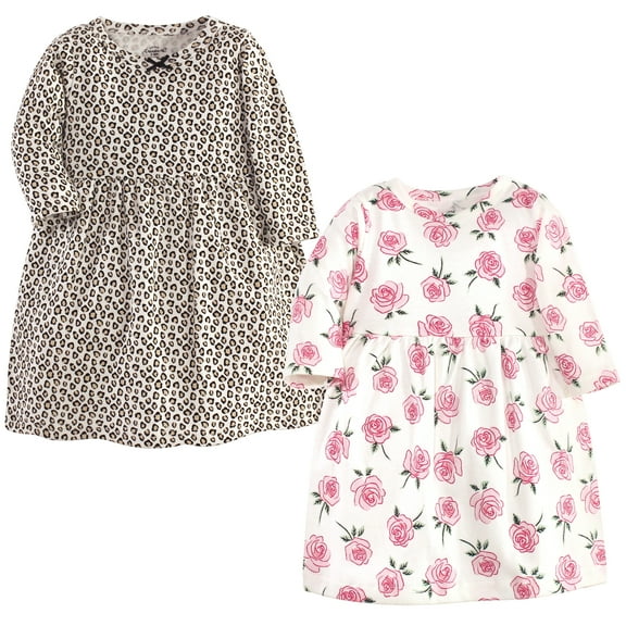 Luvable Friends Little Treasure Long-Sleeve Dresses 2pk, Rosy Wildcat, 9-12M