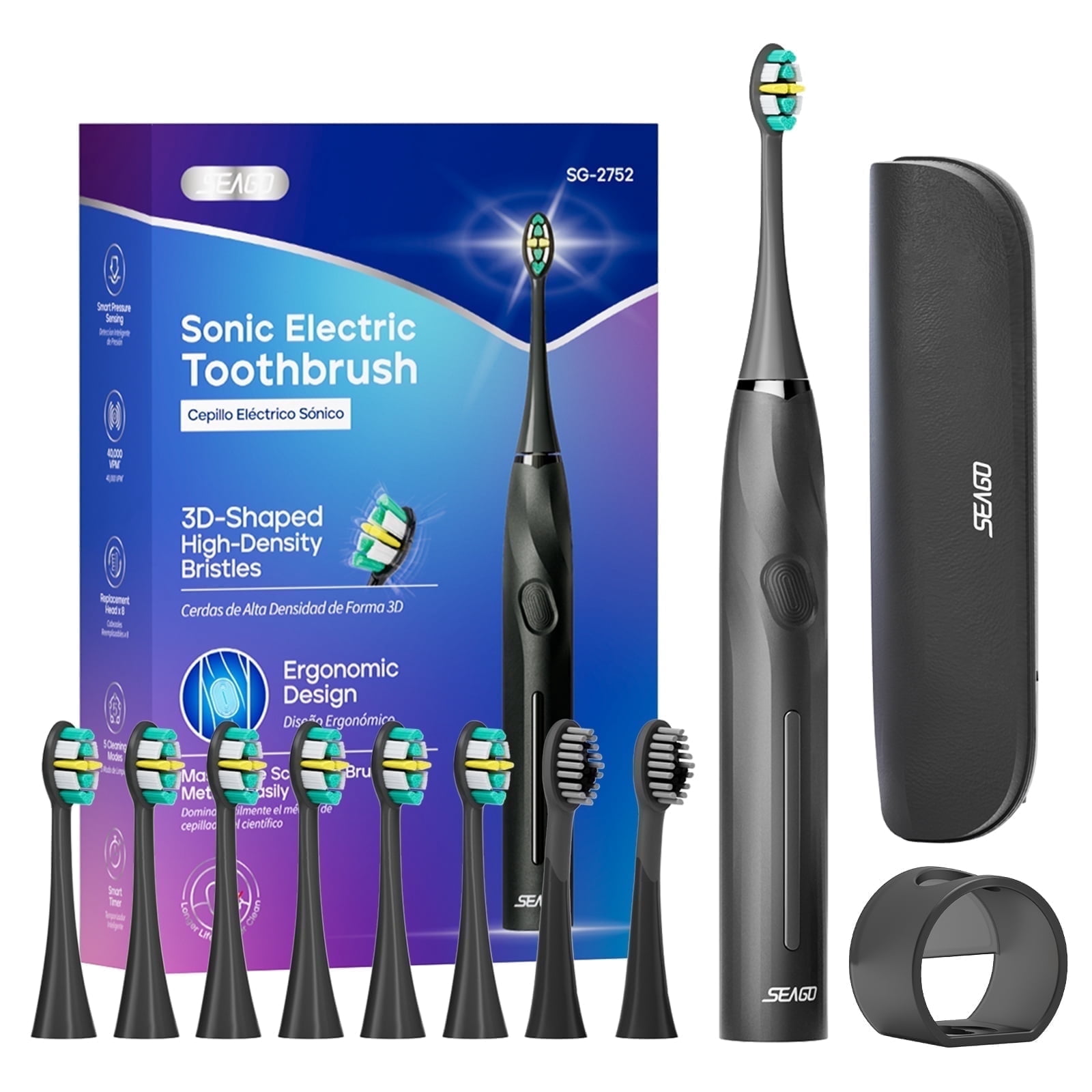 Seago Electric Toothbrush for Adult,Seamless Design,8 Brush Heads,Travel Case and Hold,Black SG2752