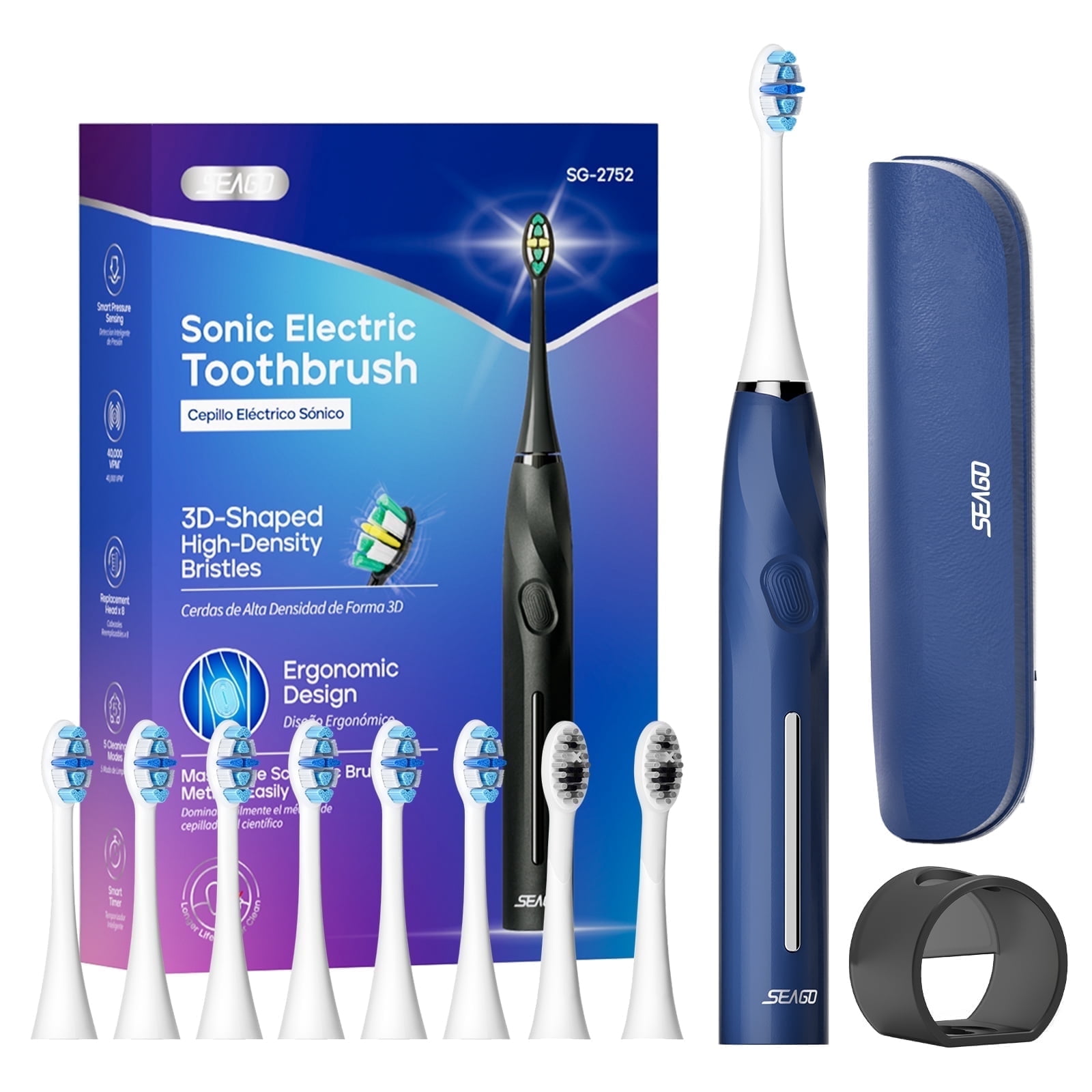 Seago Electric Toothbrush for Adult,Seamless Design,8 Brush Heads,Travel Case and Hold,Blue SG2752