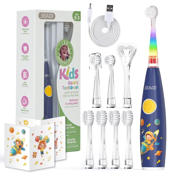Seago Kids Rechargeable Electric Toothbrush,SG-2159Blue,LED Observing Light,DIY Stickers,Soft Bristles,USB Charging,Smart Timer,for Kids 2-4