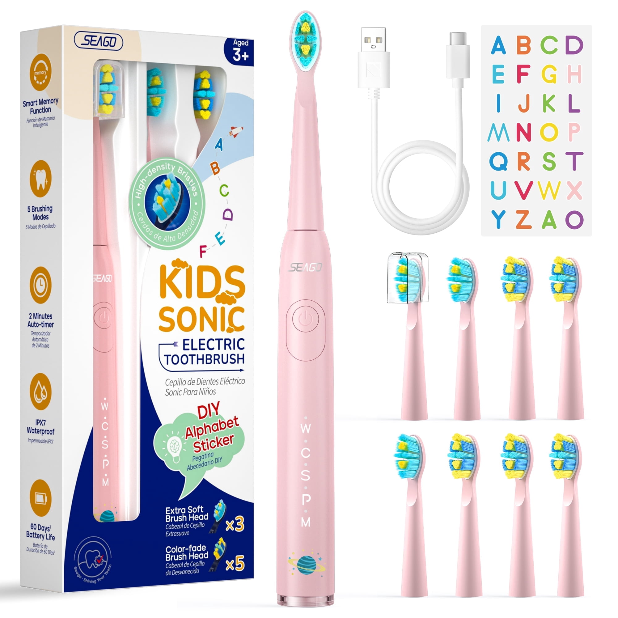 Seago Sonic Kids Electric Toothbrush 5 Modes Electric Toothbrush with DIY Stickers, 8 Soft Brush Heads, Pink SG-2303