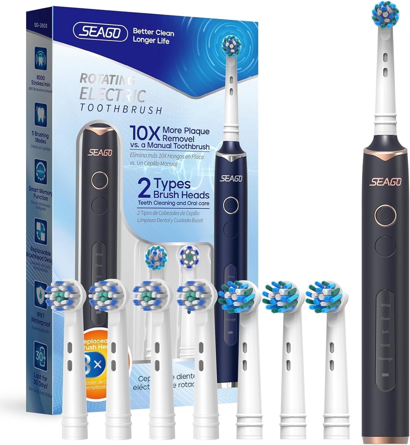 SEAGO SG-2603 Rotating 5 Cleaning Modes Electric Toothbrush with 8 Brush Heads, Black