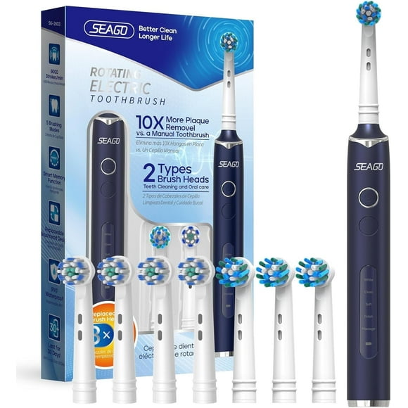 SEAGO Rotating Electric Toothbrush for adult, 8 Brush Heads, 5 Cleaning Modes, 2 Mins Timer, SG-2603(Blue)