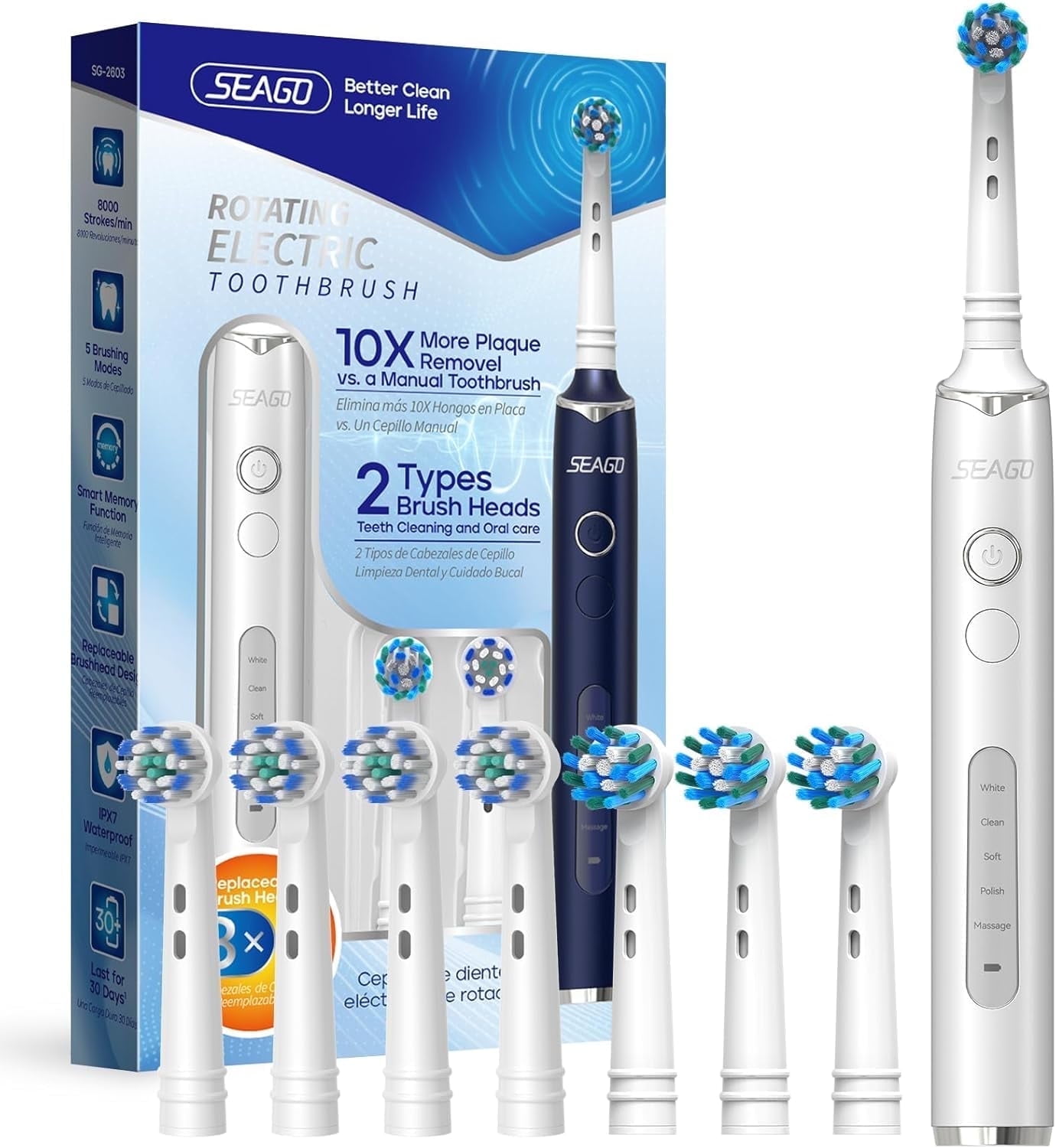 SEAGO Rotating Electric Toothbrush for adult, 8 Brush Heads,  5 Cleaning Modes, 2 Mins Timer, SG-2603 (White)