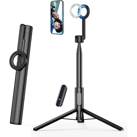 SEAJIC Magnetic Phone Tripod for iPhone 64" Selfie Stick with Remote and Metal Ring, Automatic Pop-up MagSafe Travel Tripod for Cell Phone Video Recording/Photography/Vlogging (Balck)