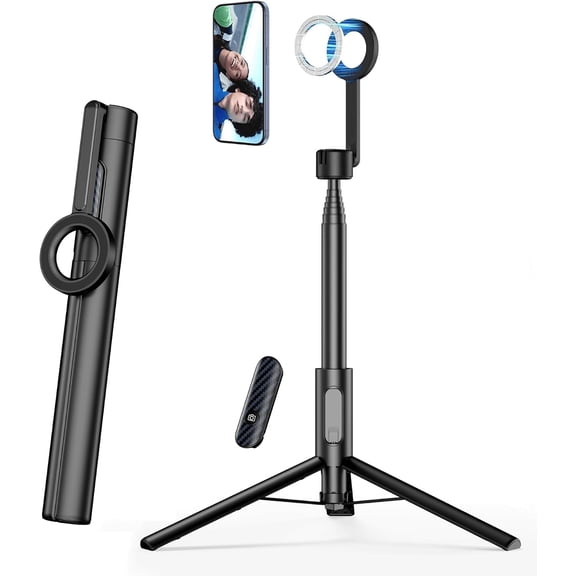 SEAJIC Magnetic Phone Tripod for iPhone 64" Selfie Stick with Remote and Metal Ring, Automatic Pop-up MagSafe Travel Tripod for Cell Phone Video Recording/Photography/Vlogging (Balck)