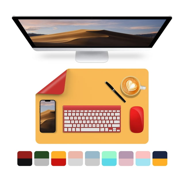 SEAKOS Desk Pad Protector,PU Leather Dual Side Mouse Pad, 23.6" x 15.7",Non-Slip and Waterproof Writing Mat (Red + Yellow)