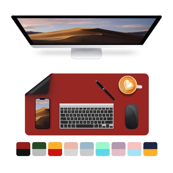 SEAKOS Desk Pad Protector,PU Leather Dual Side Mouse Pad, 27.5" x 13.8" ,Non-Slip and Waterproof Writing Mat(Red + Black)