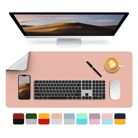 SEAKOS Desk Pad Protector,PU Leather Dual Side Mouse Pad, 35.40" x 15.7",Non-Slip and Waterproof Writing Mat (Pink + Gray)