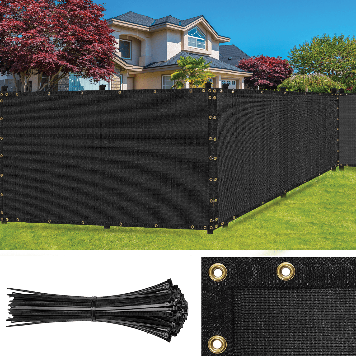 Black Heavy-Duty Polyethylene Privacy Fence Screen with Grommets