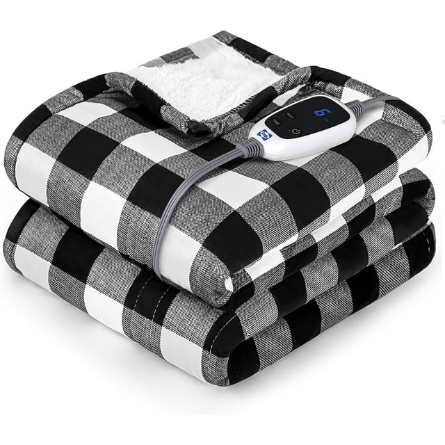 SEALY Electric Blanket Twin Size, Plaid Short Plush & Sherpa Electric