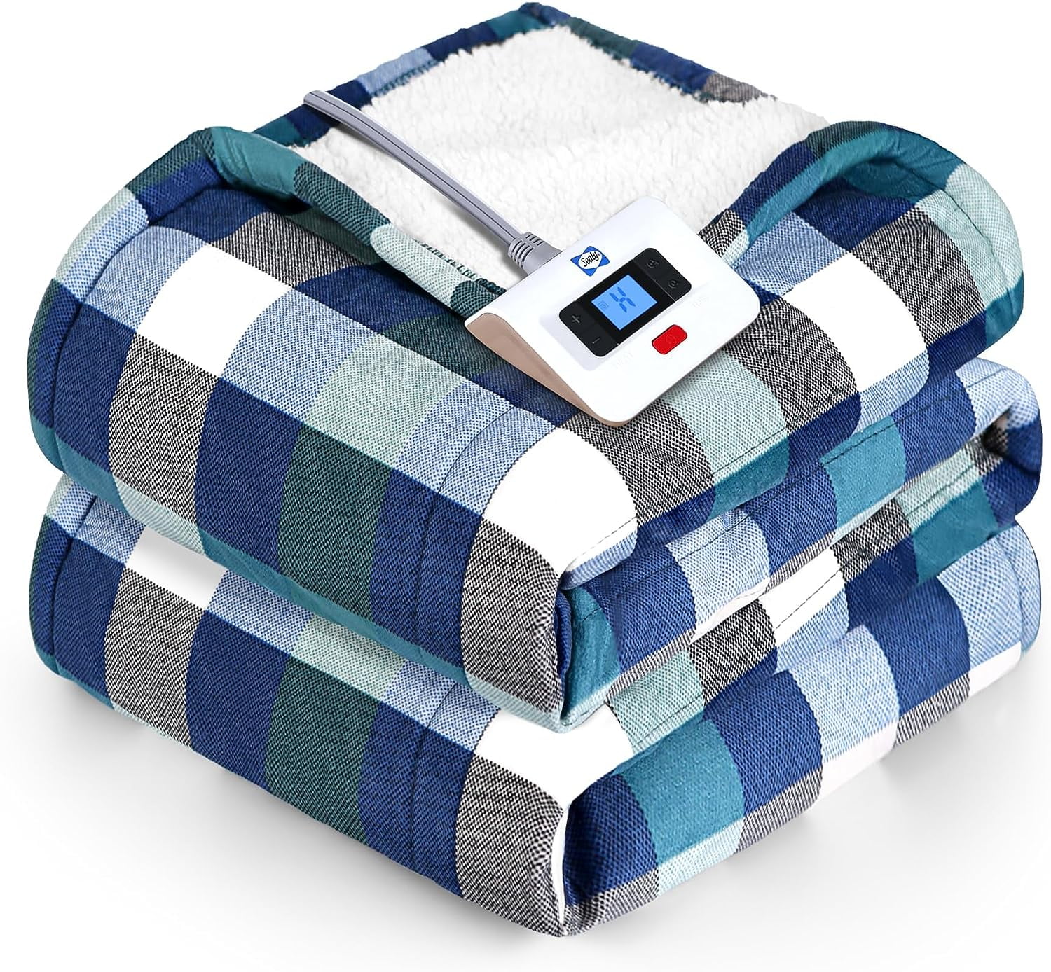 SEALY Electric Blanket Twin Size, Plaid Short Plush & Sherpa Electric