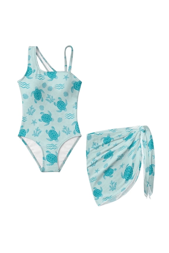 11-12 Year Kid Girl Swimsuit with Mesh Skirt Coverup One Piece Bathing Suit Comfortable Stretch Summer Swimwear with Adjustable Strap, Sea Turtle Coral Seashell Green