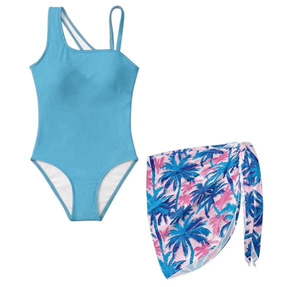 SEANATIVE 11-12 Years Girls One Piece Swimsuit One-Piece Bathing Suit with Mesh Skirt Cover Up Cut Out Stretchy Swimwear for Kids Children Teens, Tropical Palm Tree Blue Pink