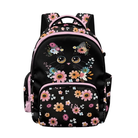 SEANATIVE 17 Inch School Bag for Kids Teens Stylish Girls Boys Backpack Book Bag Laptop Backpack for Elementary Middle High School Students, Floral Black Cat Pink