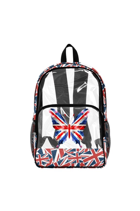 17 Inches Clear Backpack for Teens Kids Transparent Bookbag See Through School Bag PVC Heavy Duty Daypack with Adjustable Straps, Butterfly Union Jack British Flag