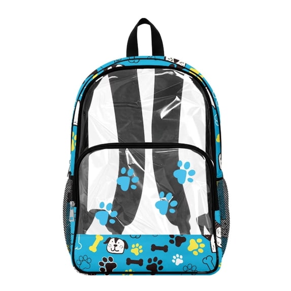 SEANATIVE 17 Inches Clear Backpack for Teens Kids Transparent Bookbag See Through School Bag PVC Heavy Duty Daypack with Adjustable Straps, Dog Paw Bone Blue