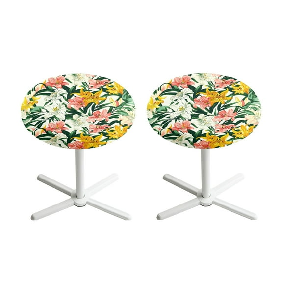 SEANATIVE 2 PCS Cocktail Table Cloth 24 x 24 Inch Round Cocktail Tablecloth with Elastic Edged Fitted Spandex Small Round Table Topper Covers for Picnic Party Bar Pub, Pink Yellow White Lily Flower