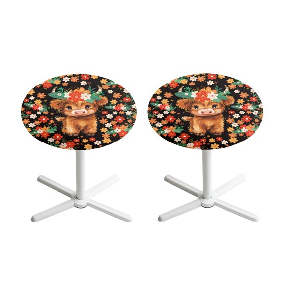 SEANATIVE 2 PCS Cocktail Table Topper Cap Soft Round Fitted Cocktail Tablecloth with Elastic Edge Easy to Install Table Top Cover for Restaurant 24 Inch, Cute Highland Cow Calf Floral Print