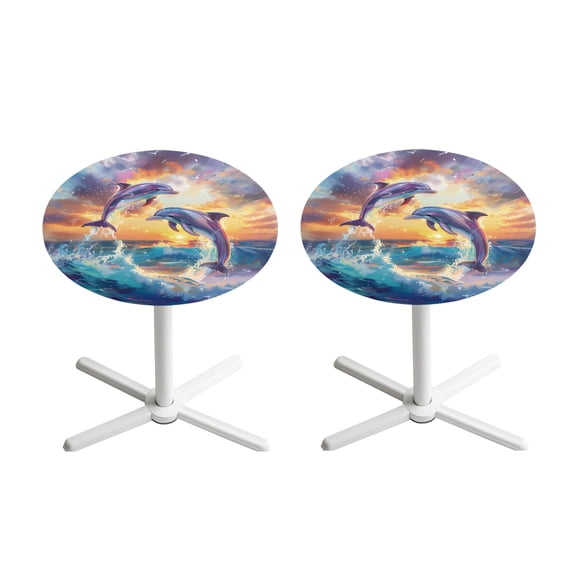 SEANATIVE 2 PCS Round Tablecloth 24'' Diameter Cocktail Table Topper Cap Cover Washable Round Stretch Highboy Table Covers Cloths with Elastic Edge for Round Table, Dolphin Sea Sky Cloud Pattern