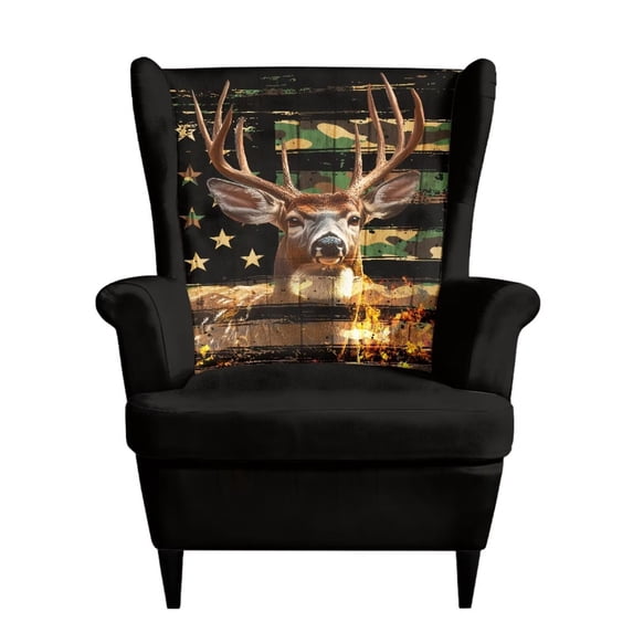 SEANATIVE 2 Piece Wing Chair Slipcover Machine Washable Wingback Chair Cover Non-Slip Furniture Protector Printed Wingback Sofa Slipcovers with Elastic Bottom, Camo American Flag Deer Black