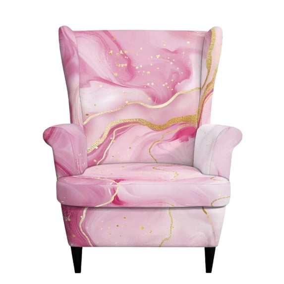 SEANATIVE 2 Piece Wingback Chair Slipcover Soft Breathable Wing Chair Cover Stain Resistant Pet Friendly Furniture Protector with Elastic Bottom for Bedroom Living Room Decor, Marble Pink Gold