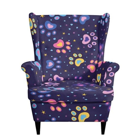 SEANATIVE 2 Piece Wingback Chair Slipcovers Stretch Spandex Wing Chair Covers with Seat Cushion Cover Non-Slip Furniture Protector with Elastic Bottom for Living Room Decor, Cute Paw Print Violet