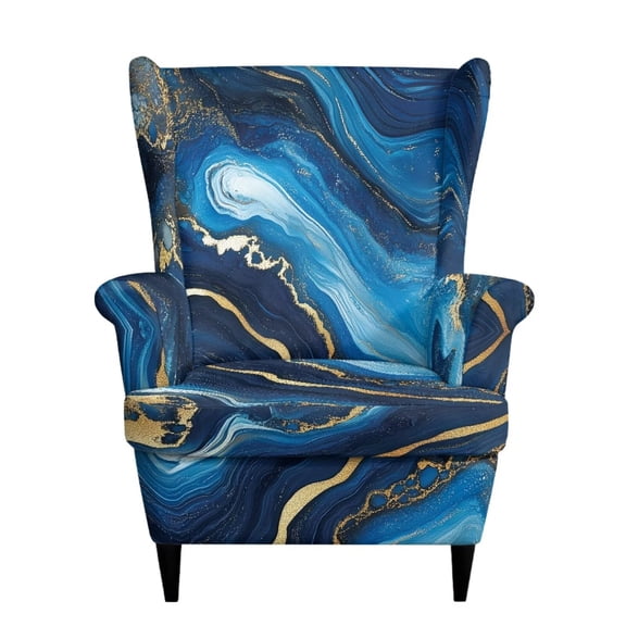 SEANATIVE 2 Piece Wingback Chair Slipcovers Stretch Spandex Wing Chair Covers with Seat Cushion Cover Non-Slip Furniture Protector with Elastic Bottom for Living Room Decor, Navy Blue Gold Marble